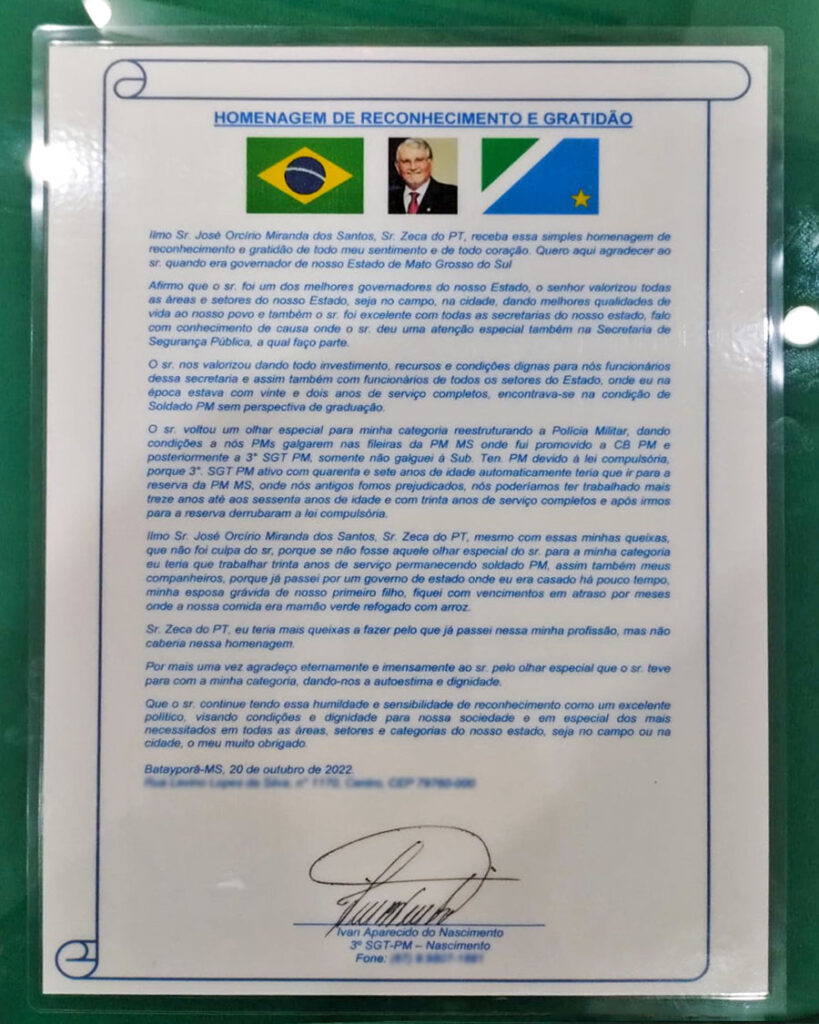 Homenagem de apoiador de Batayporã